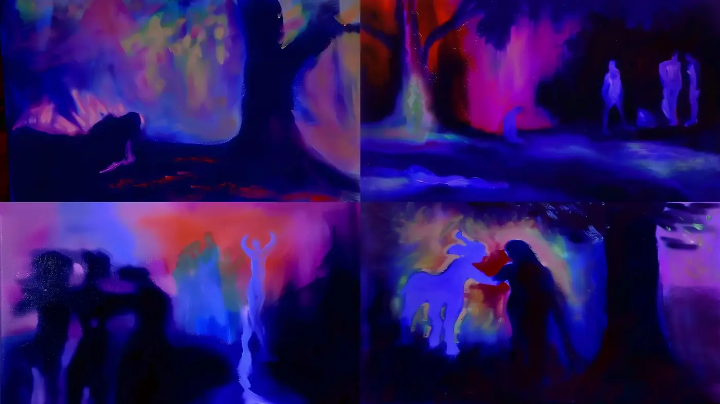 Ethereal Nocturnes: A Fusion of Vivid Hues and Dreamy Silhouettes - Midjourney sref style