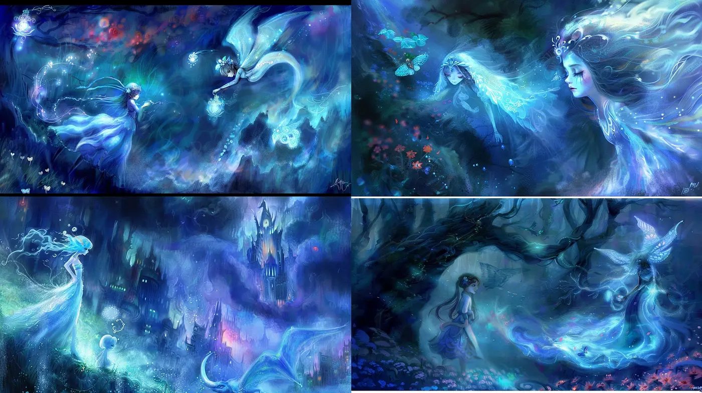 Ethereal Whispers of a Dreamscape: A Consistent Melange of Surreal Fantasy and Luminous Hues - Midjourney sref style