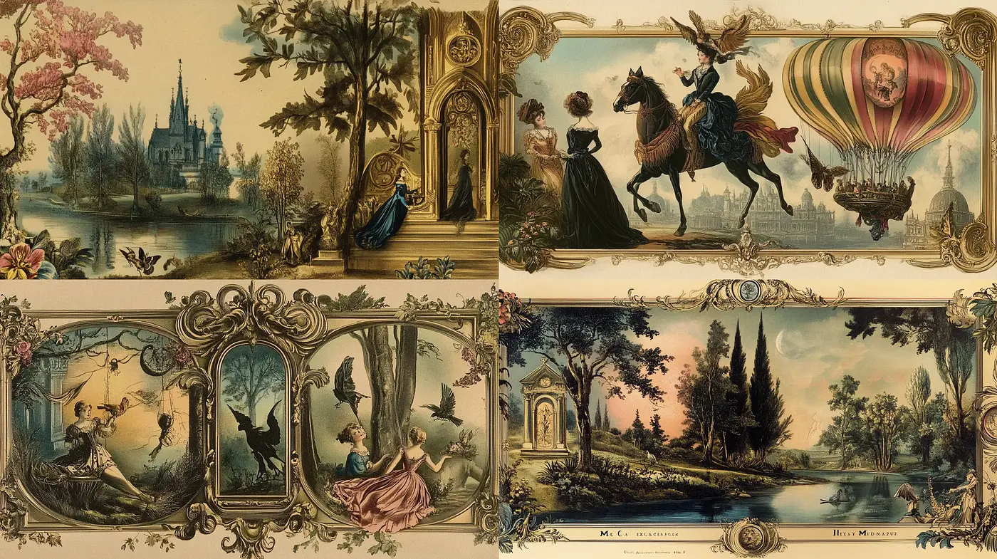 Romantic Era Dreamscapes and Rococo Revival Fusion - Midjourney sref style
