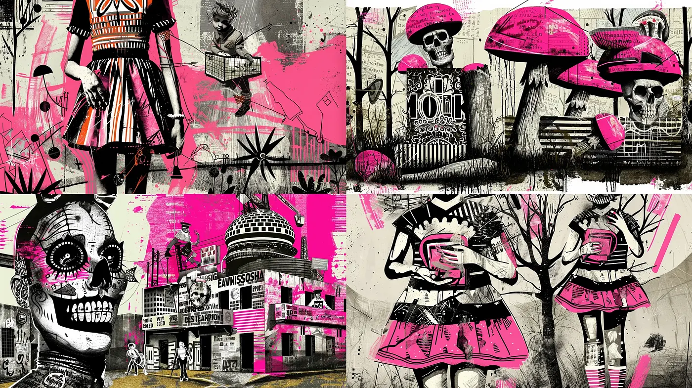 Grunge Pop Art Fusion with Skull Motifs and Magenta Accents - Midjourney sref style