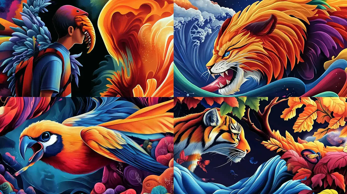 Vibrant Wildlife Fantasia: A Lush Tapestry of Vivid Hues and Dynamic Movements - Midjourney sref style