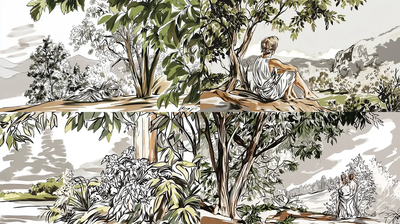 Idyllic Nature Embrace with Vintage Comic Line Art Fusion - Midjourney sref style