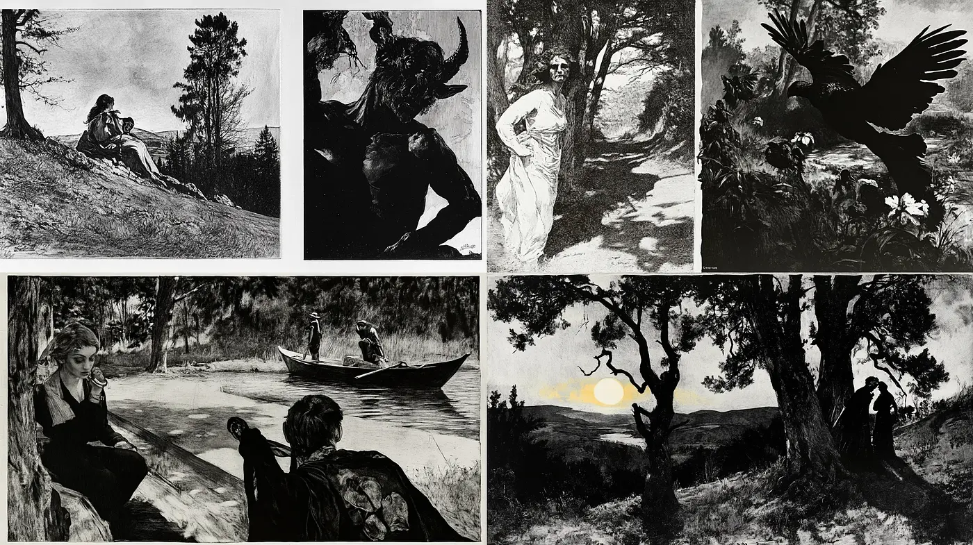 Monochromatic Nostalgia: Shadows and Serenity in Ink Wash Dreamscapes - Midjourney sref style