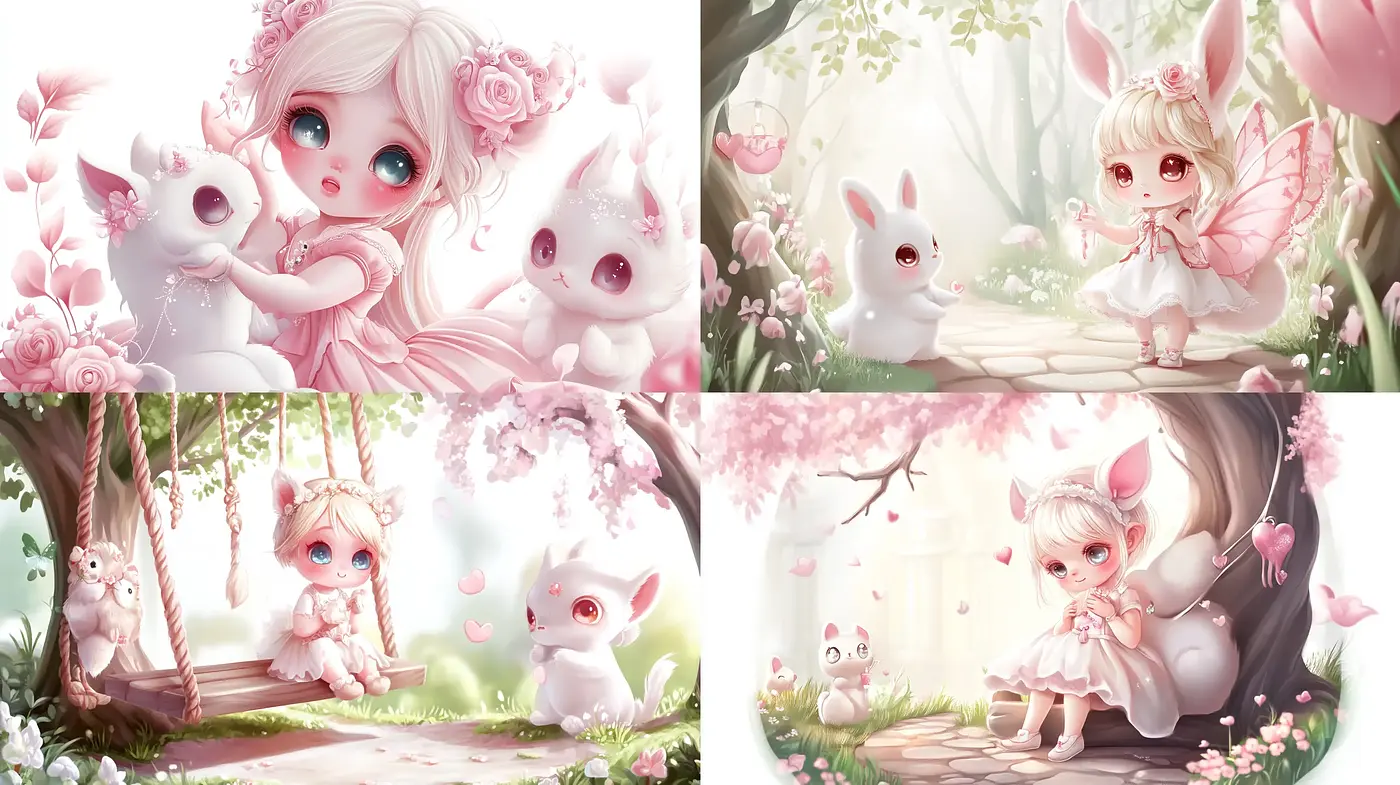 Enchanted Pastel Dreamlands with Whimsical Companions - Midjourney sref style