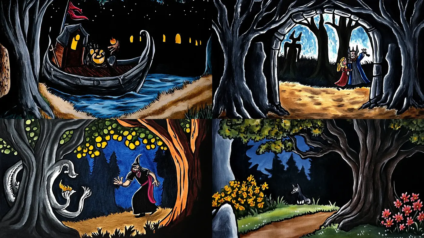Enigmatic Nocturnal Tale Scribed in Vivid Accents and Shadowy Mystique - Midjourney sref style