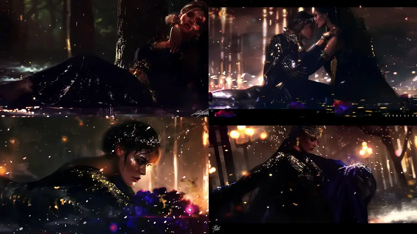 Lush, ethereal fantasy with a mystical allure blended with dramatic lighting - Midjourney sref style