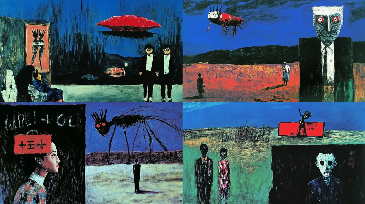 Eclectic Nocturnal Dreamscape: A Fusion of Expressionist and Surrealist Visions - Midjourney sref style