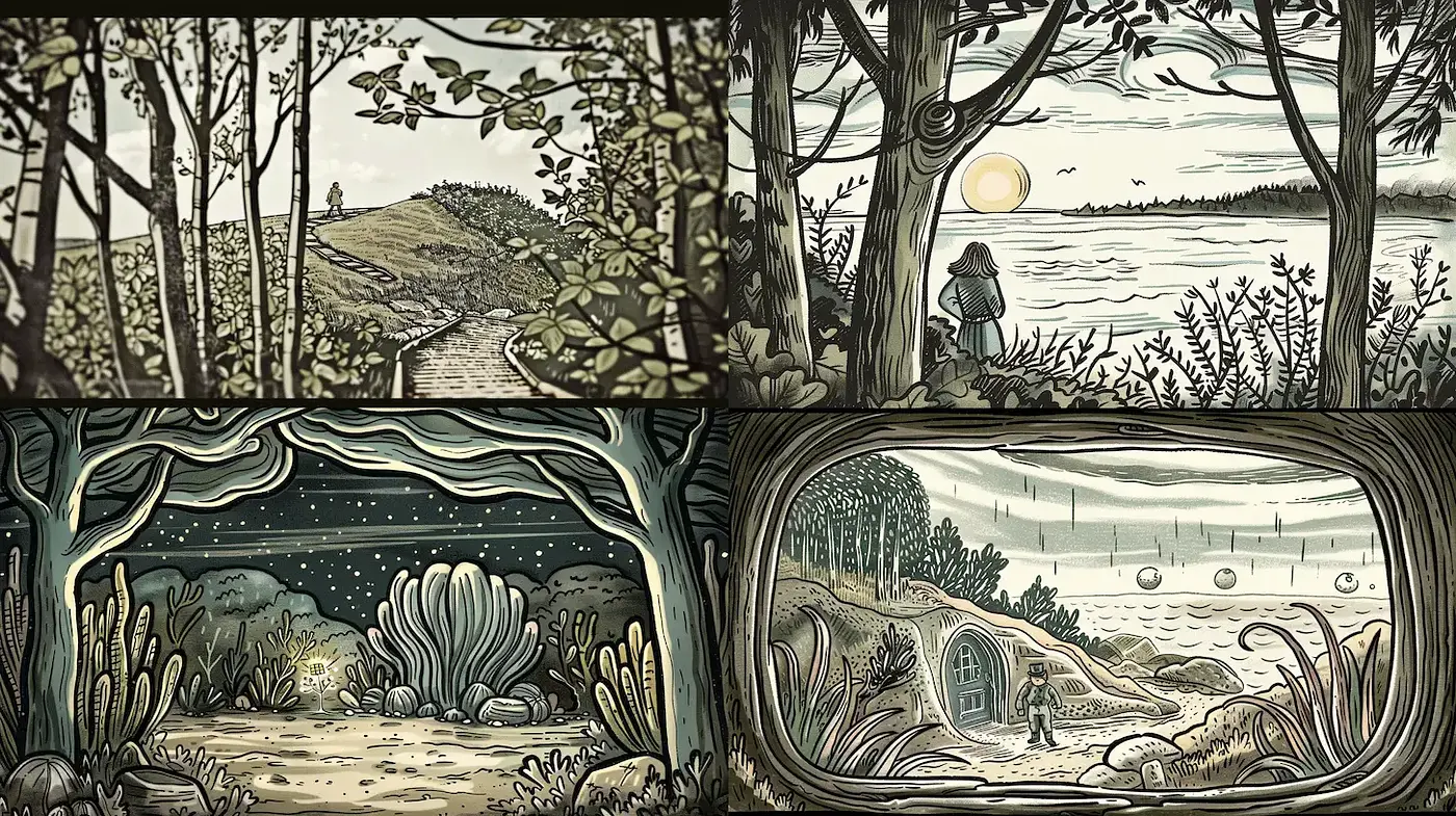 Enchanted Woodland Tales: A Tapestry of Mystical Hues and Whimsical Lines - Midjourney sref style