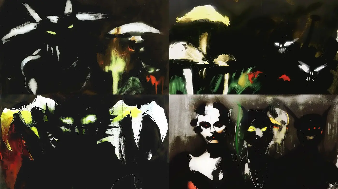 Abstract Nocturnal Hues: Shadowy Figures and Strokes of Luminance - Midjourney sref style