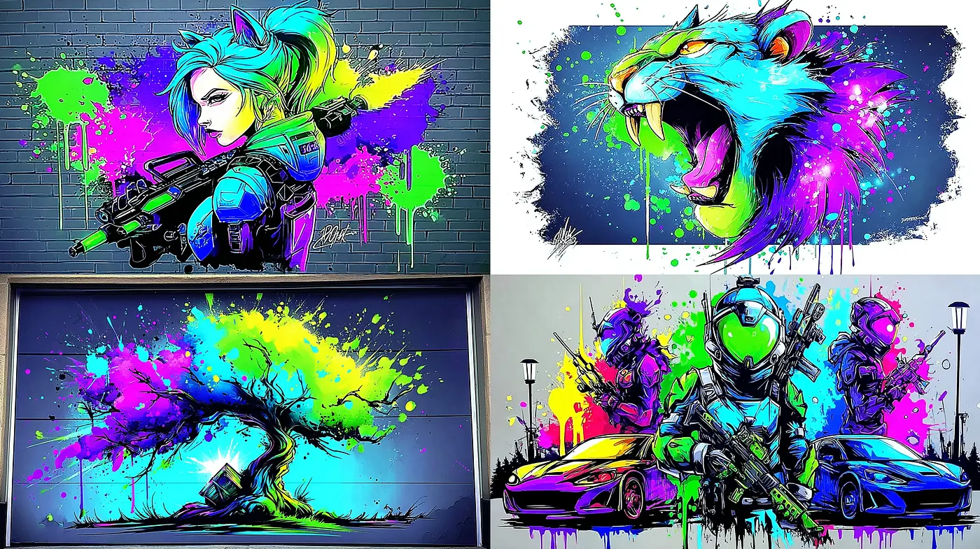 Vivid and Dynamic Street Art with a Neon Color Palette - Midjourney sref style