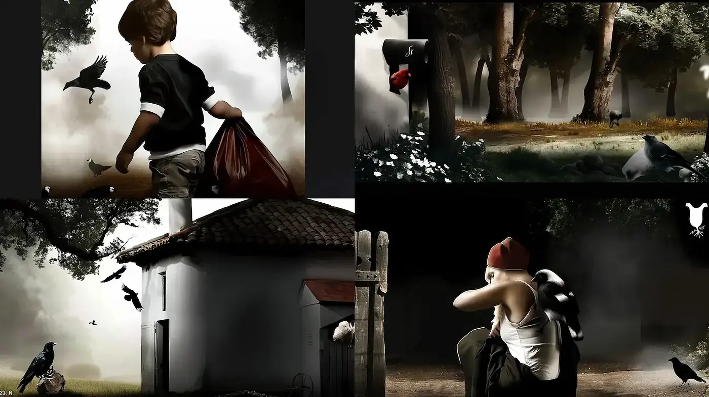 Mysterious and evocative scenes with striking contrasts and a surreal atmosphere - Midjourney sref style