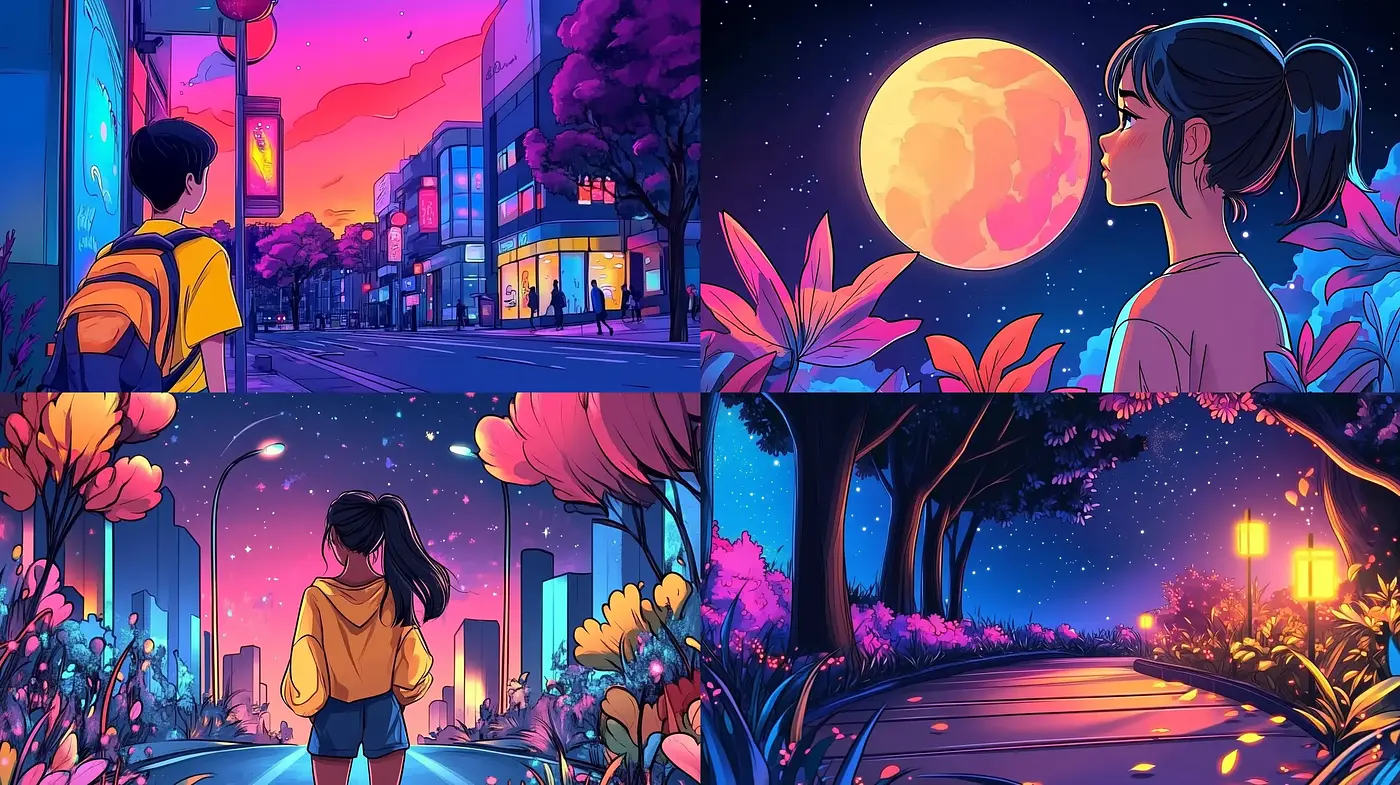 Luminous Twilight Hues: A Visual Symphony of Neon and Nature - Midjourney sref style