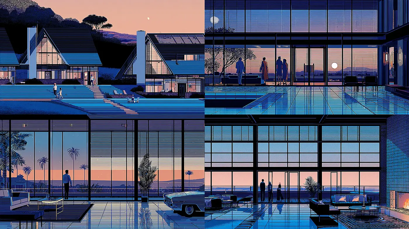 Serene modern architecture with a retro futurism aesthetic - Midjourney sref style