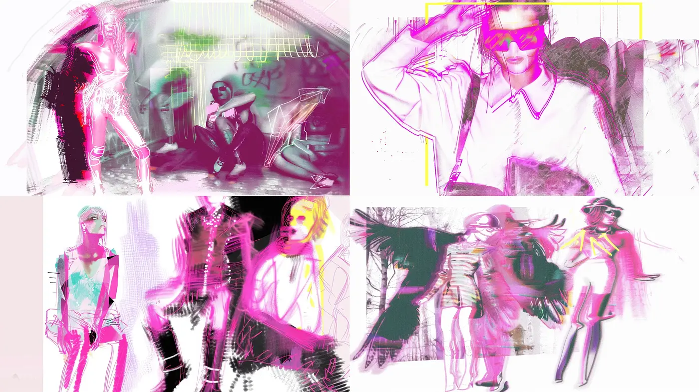 Abstract Elegance in Electric Pink: A Fusion of Sketch and Splash - Midjourney sref style