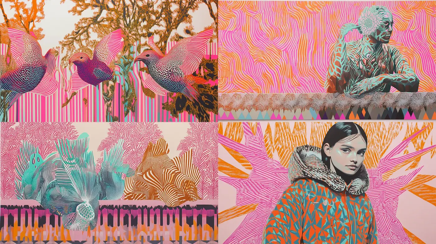 Surreal Serenity in Warm Hues: A Fusion of Patterned Flora and Fauna - Midjourney sref style