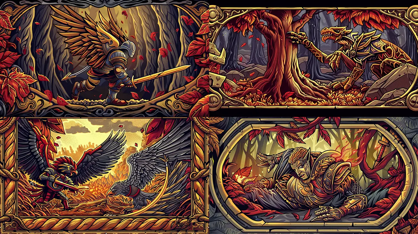 Ornate Fantasia: A Tapestry of Mythical Confrontations in Eburnean and Vermilion Hues - Midjourney sref style