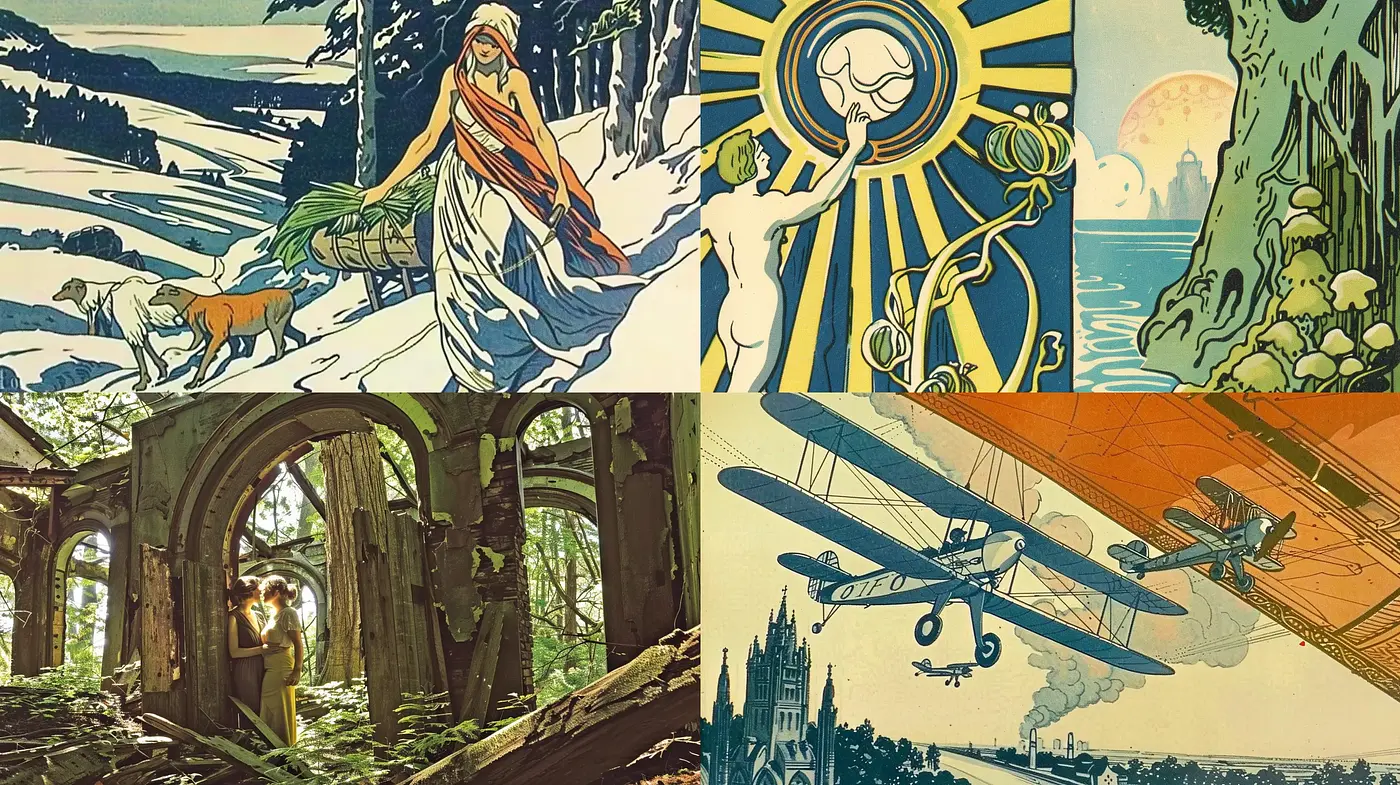Echoes of Nostalgic Adventure: A Harmonious Blend of Art Nouveau and Retro Comic Book Aesthetics - Midjourney sref style