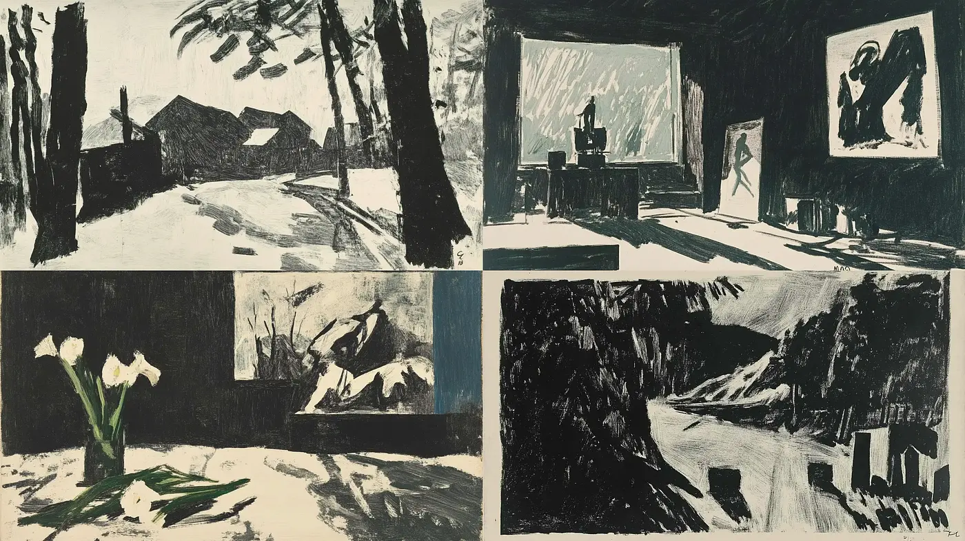 Monochromatic Expressionism Encounter with Contemporary Textural Dynamics - Midjourney sref style