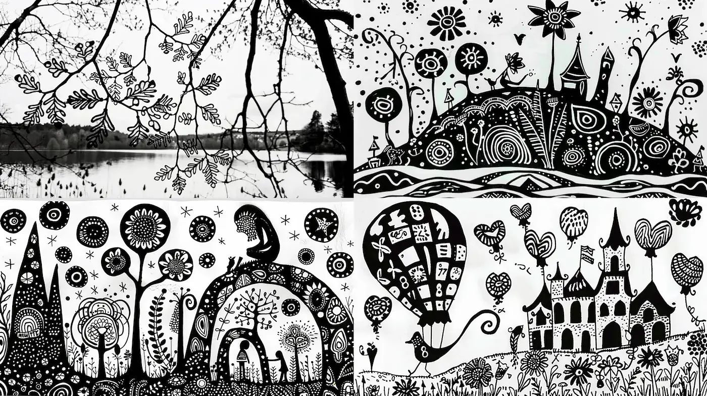 Whimsical Black and White Illustrations with Intricate Patterns - Midjourney sref style