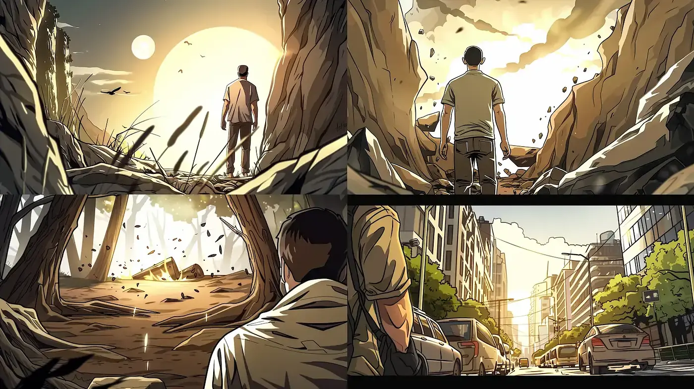 Dynamic Graphic Novel Aesthetic with Expansive Landscapes - Midjourney sref style