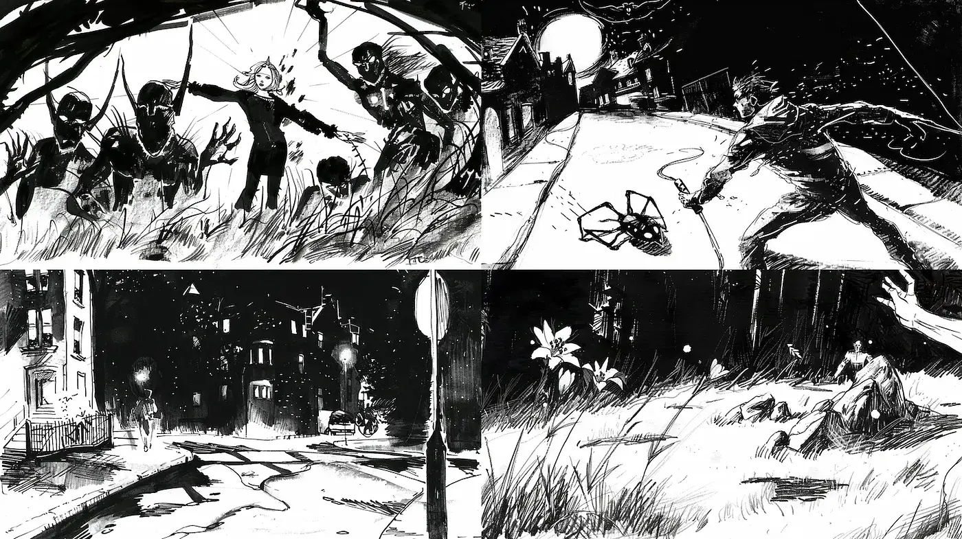 Striking monochrome graphic narrative with high contrast and dynamic composition - Midjourney sref style