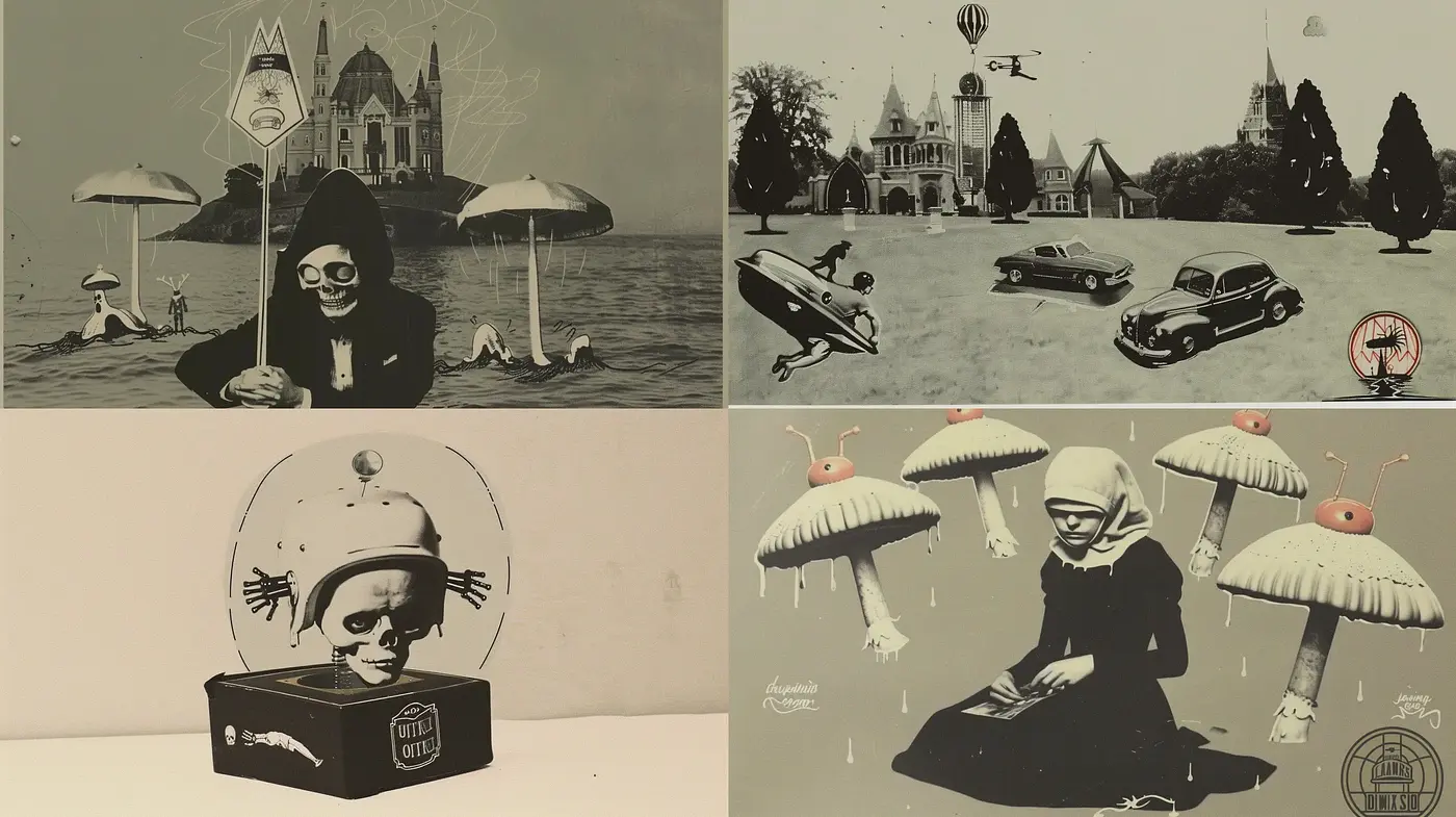 Surreal Monochromatic Dreamscape with Vintage Overtones - Midjourney sref style