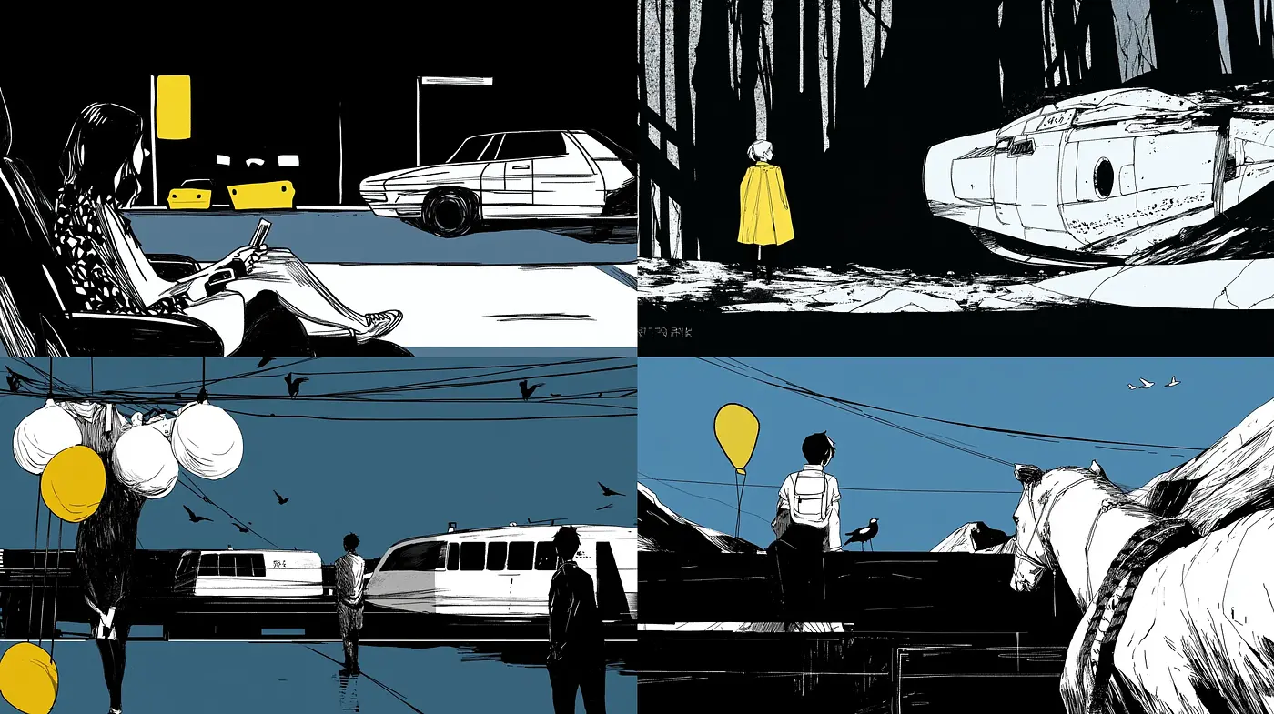 Noir-Inspired Contrasting Visuals with Expressive Pops of Color - Midjourney sref style