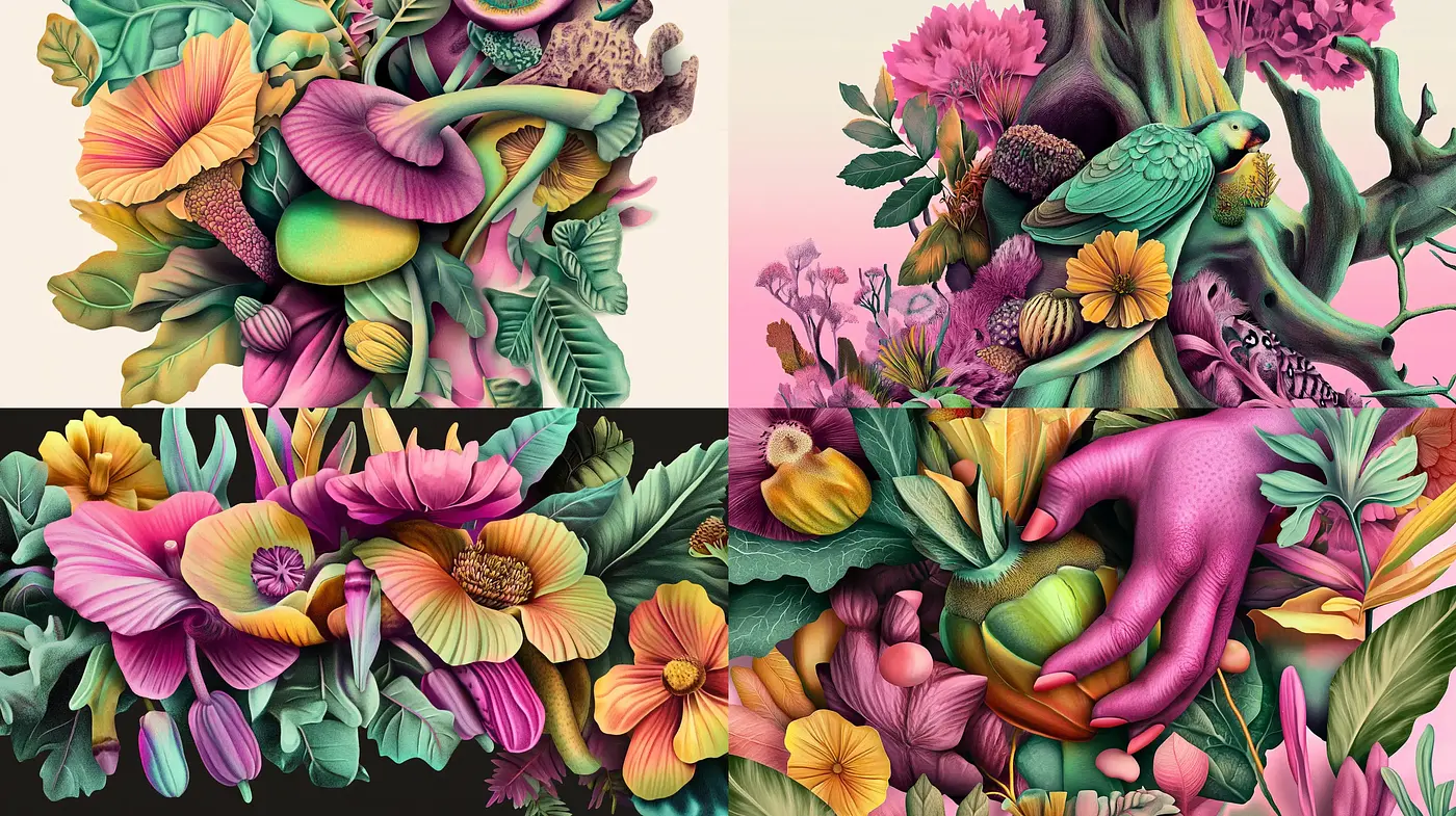 Lush Botanical Dreamscape: A Harmony of Florals and Textures in Art - Midjourney sref style