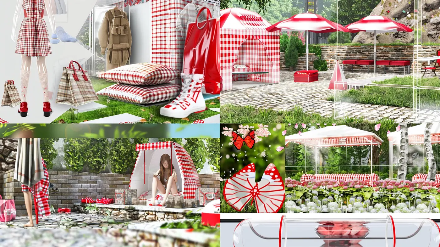Consistent Gingham and Garden Elegance: A Seamless Fusion of Checked Patterns and Lush Greenery - Midjourney sref style