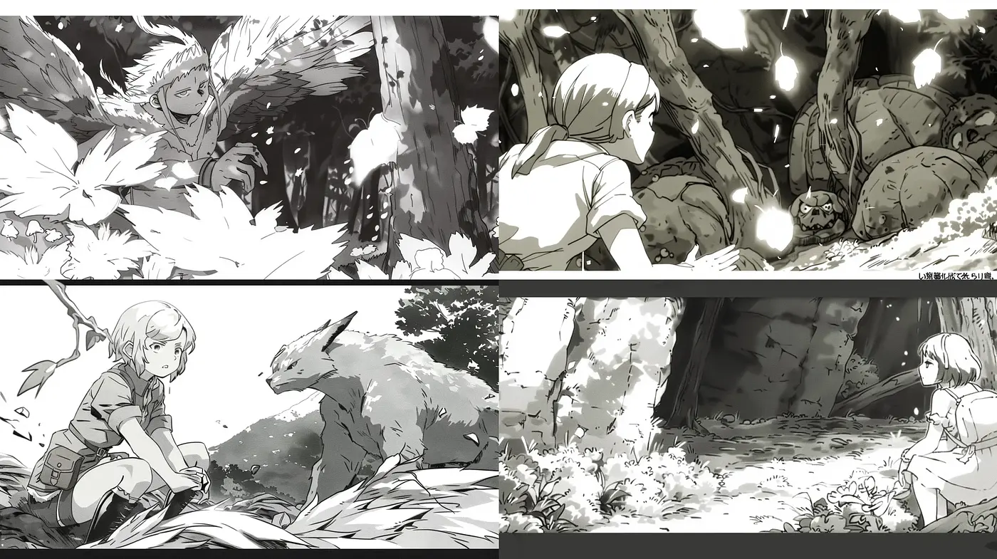 Monochromatic Whimsy in Dynamic Ink Brush Illustrations - Midjourney sref style