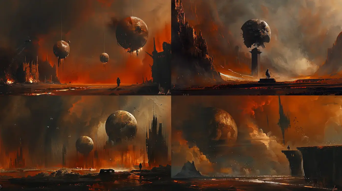 Dramatic and immersive celestial landscapes with an atmospheric touch - Midjourney sref style