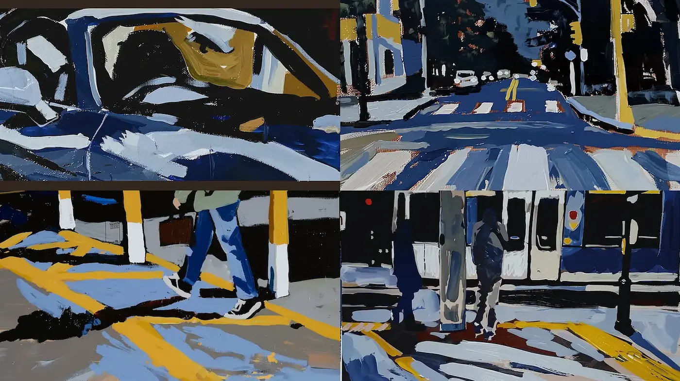 Dynamic Urban Motion with a Layered Visual Narrative - Midjourney sref style