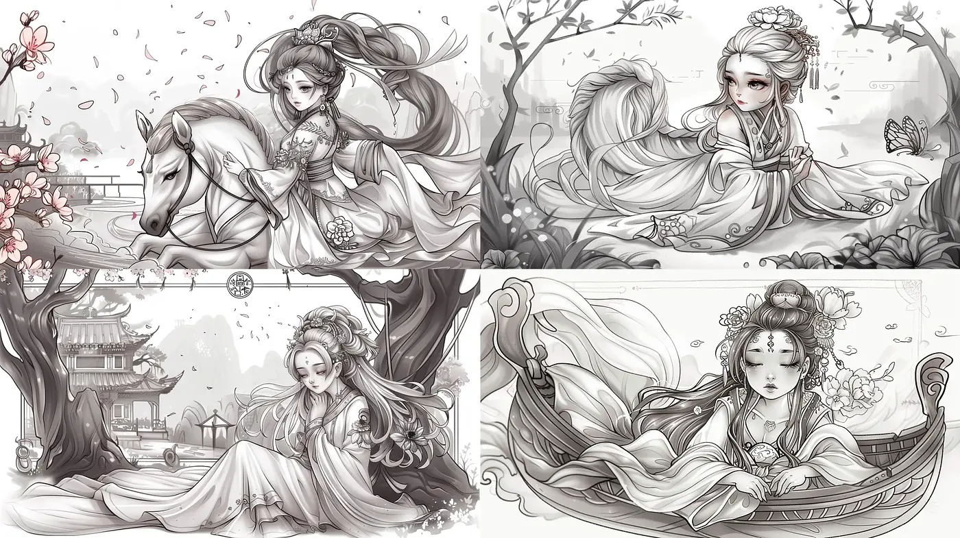 Ethereal Monochrome Elegance: A Fusion of Traditional Asian Artistry in Greyscale - Midjourney sref style