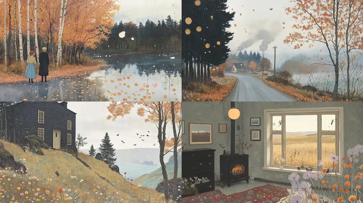 Whimsical Nostalgia: A Consistent Harmony of Pastoral Shades and Textures - Midjourney sref style