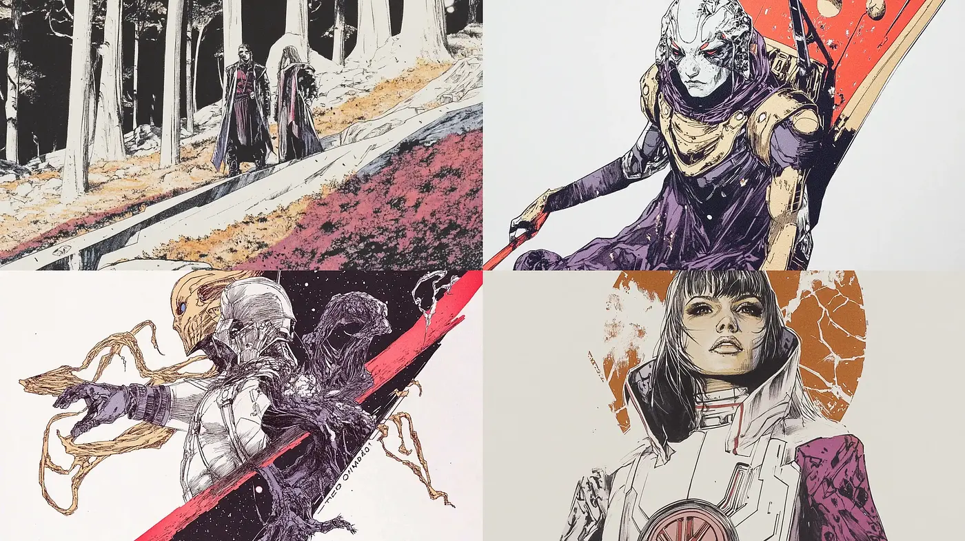 Intricate Inkwork and Vibrant Splashes: A Fusion of Graphical Novelty - Midjourney sref style