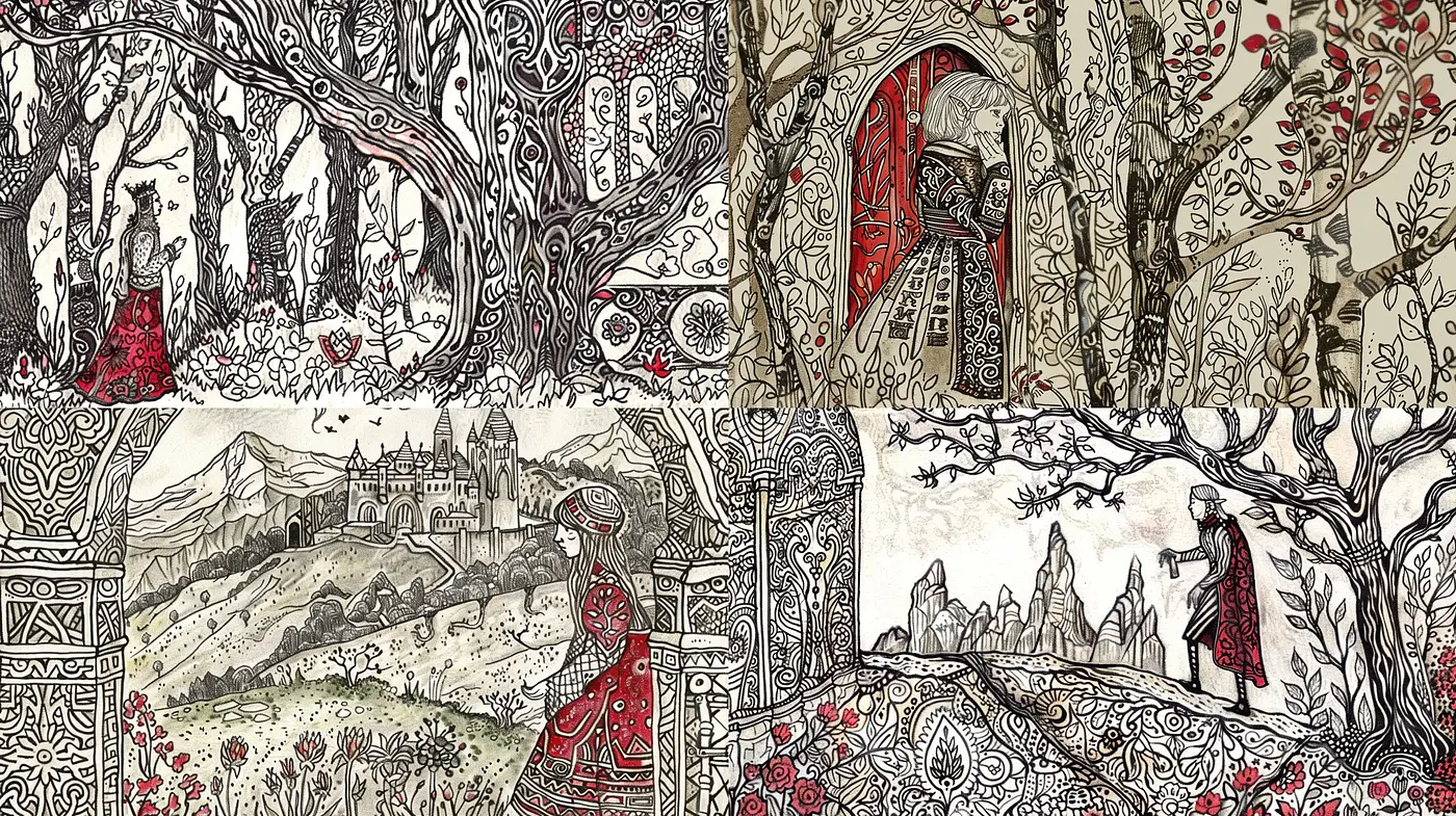 Enchanted Inkscapes: A Tapestry of Monochromatic Intricacy and Ruby Accents - Midjourney sref style