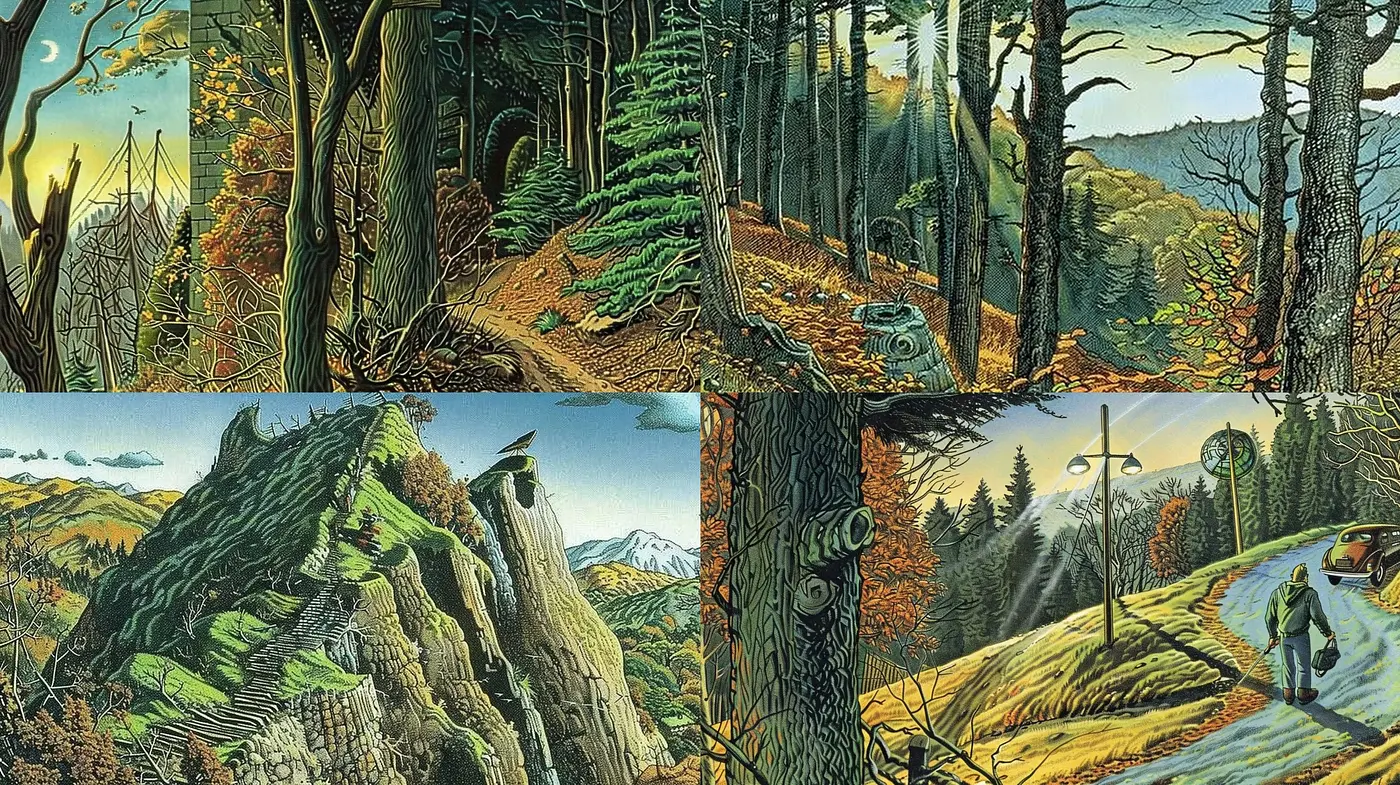 Consistent Elements of Stylized Nature Scenes Across Varied Landscapes - Midjourney sref style