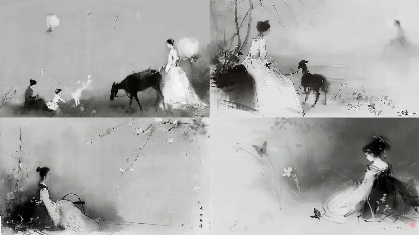 Ethereal monochrome scenes with a delicate touch - Midjourney sref style
