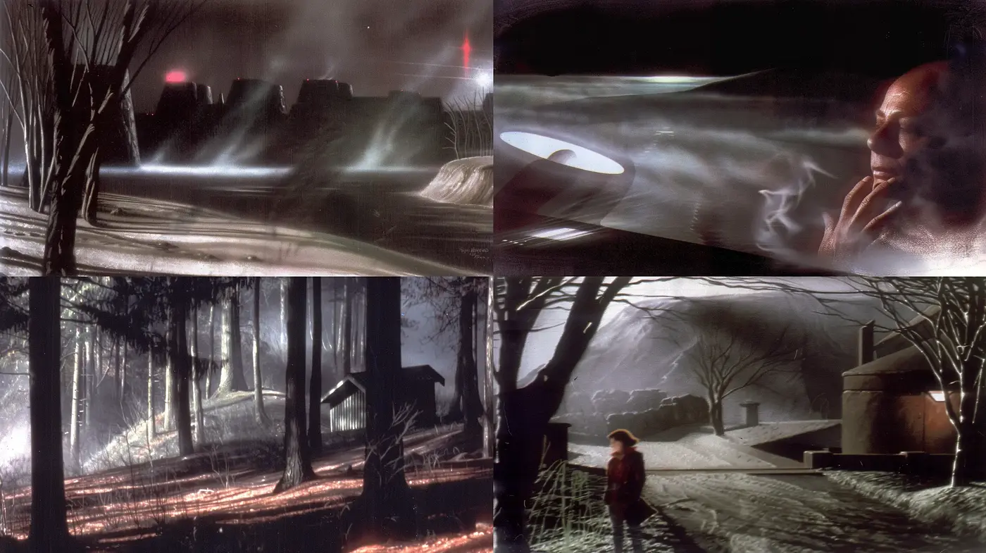Cinematic Nocturne: A Blend of Digital Surrealism and Mysterious Ambiance - Midjourney sref style