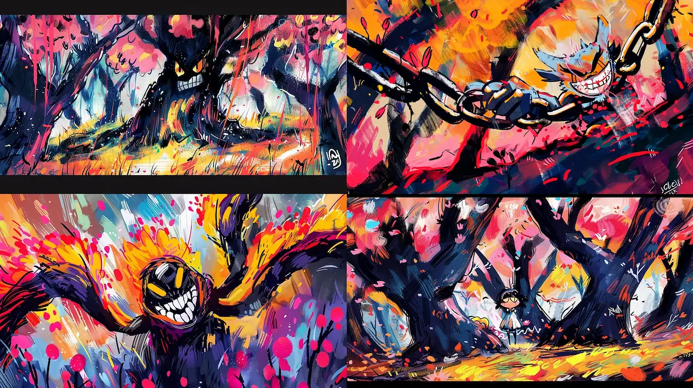 Vivid and Chaotic Fantasy Landscape with Illustrative Elements - Midjourney sref style