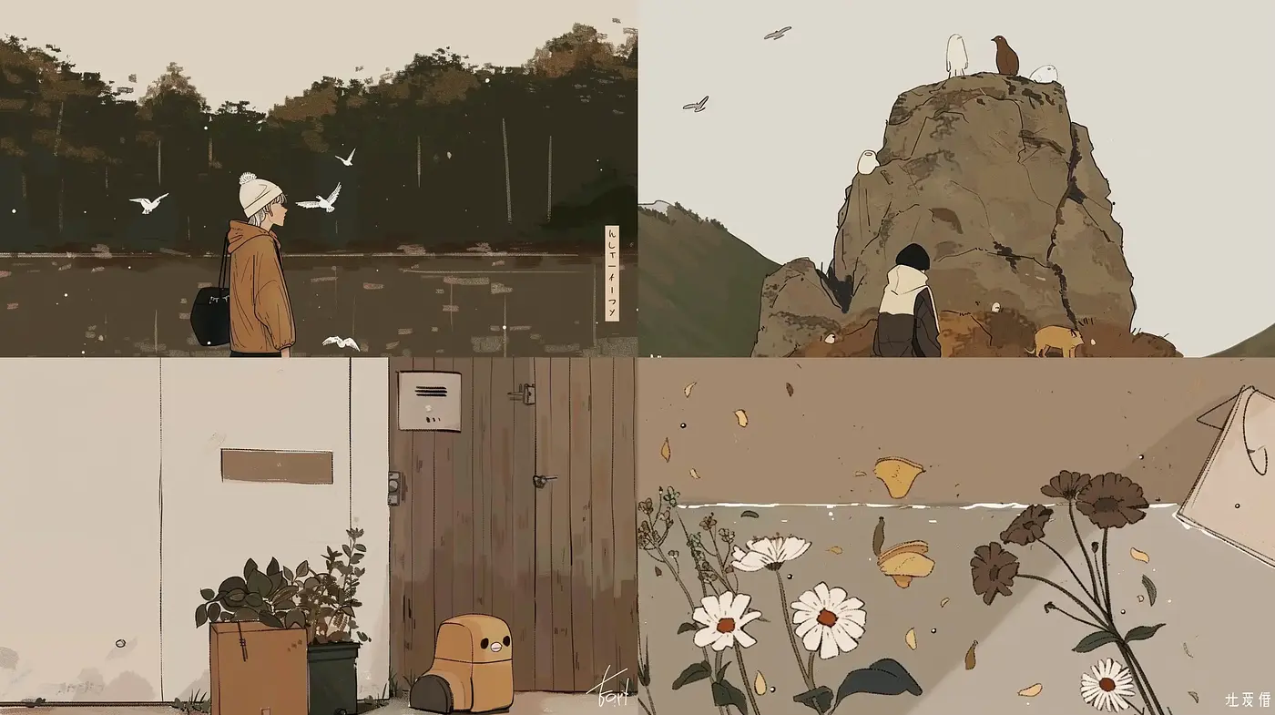 Earthy Toned Contemplative Scenes with a Modern Illustrative Touch - Midjourney sref style