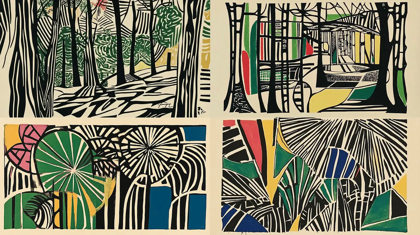 Abstract Botanical Tapestry: A Harmony of Linear Forms and Nature's Palette - Midjourney sref style