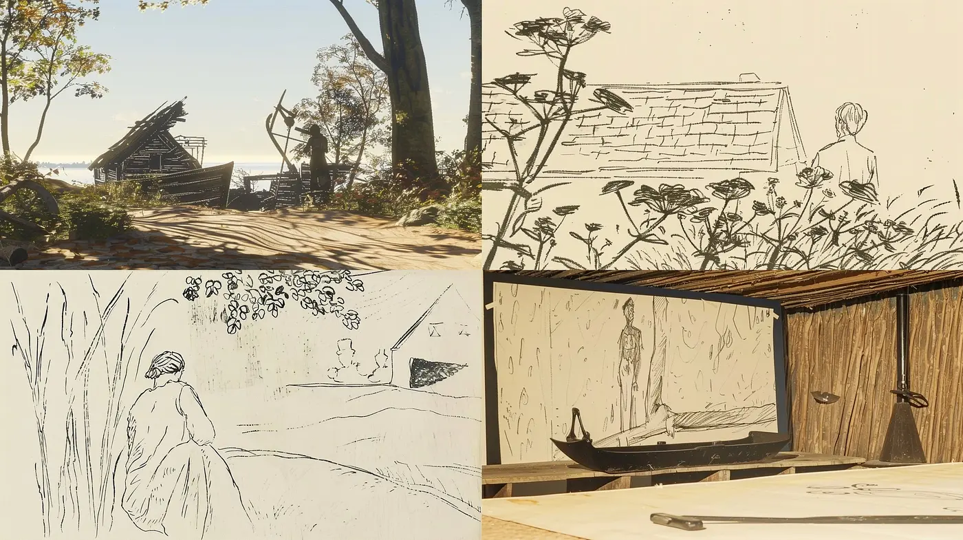 Consistent Ink Sketch Tranquility: Monochrome Outdoor Harmony in Artistic Render - Midjourney sref style