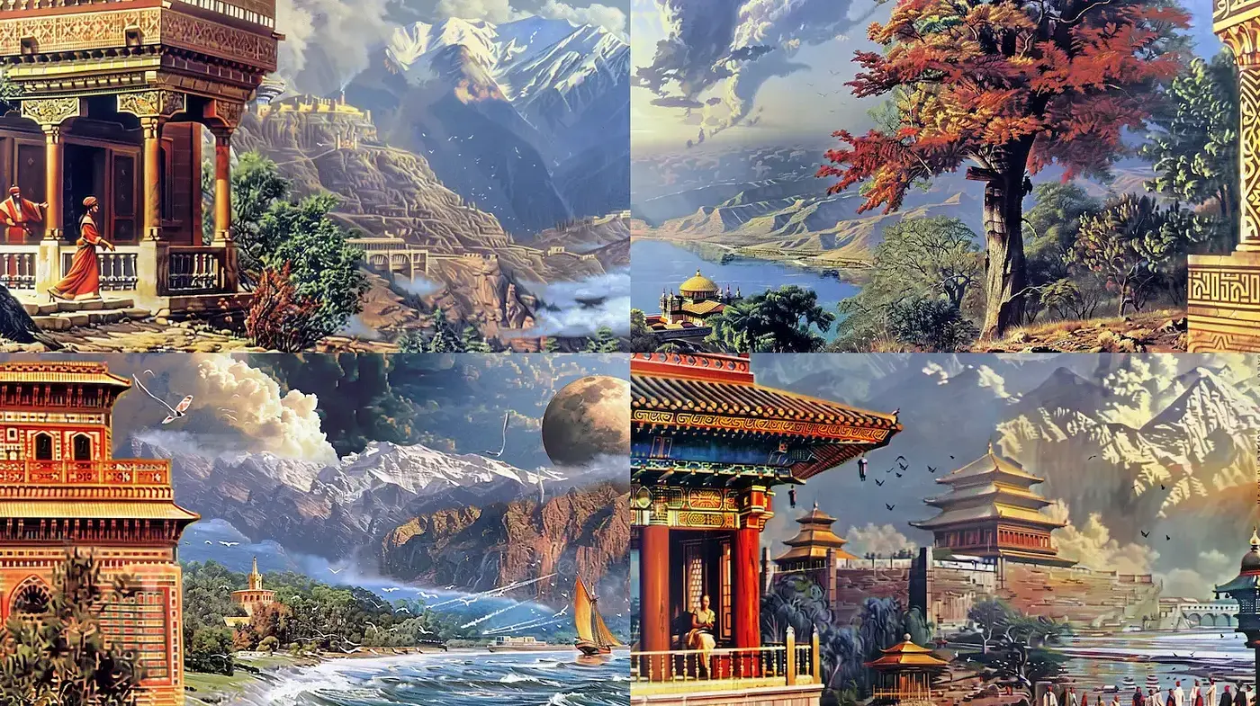 Dramatic and Lush Fantasy Landscapes with Architectural Grandeur - Midjourney sref style