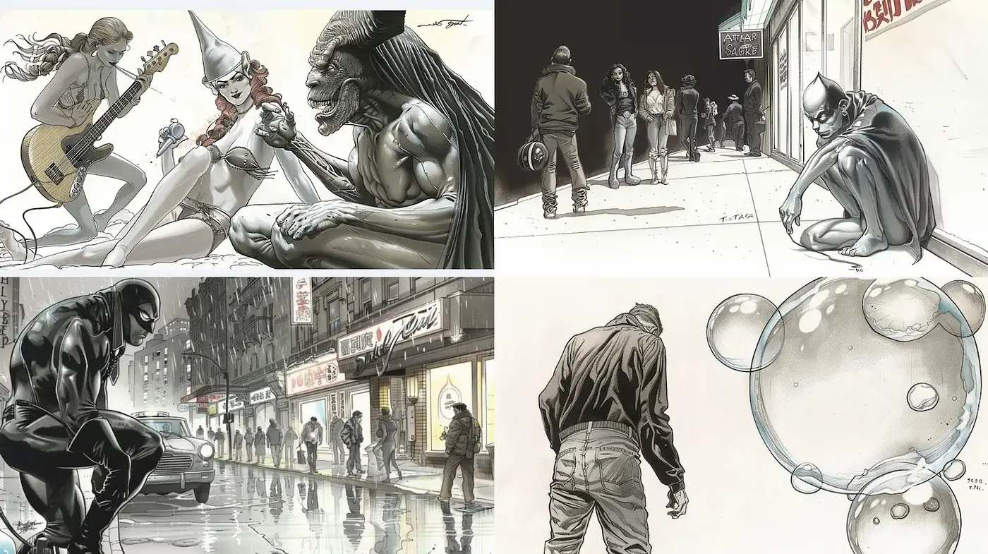 Dynamic and expressive comic-inspired art with a moody atmosphere - Midjourney sref style