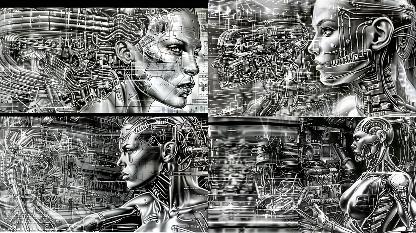 Mechanical Synthesis: Fusion of Humanity with Cybernetics in Monochrome - Midjourney sref style