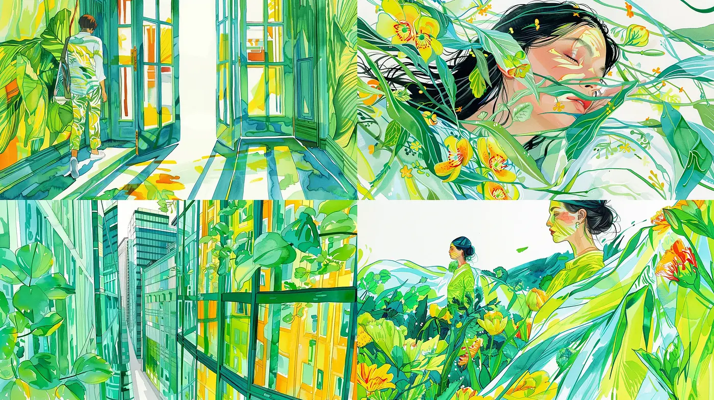 Lush Green Botanical Dreamscape in Expressive Line Art - Midjourney sref style