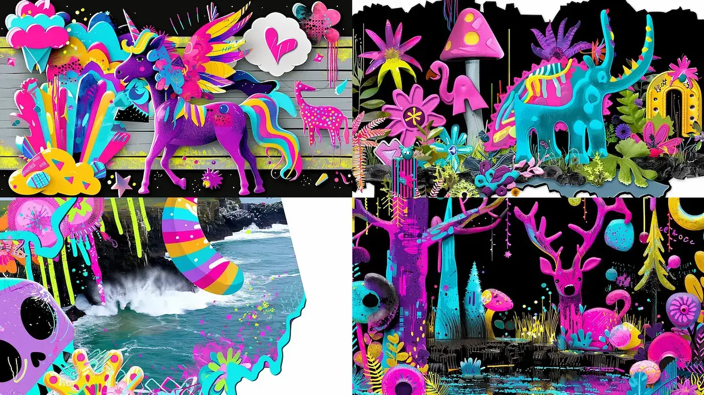 Vibrant, surreal fantasy world with a playful atmosphere - Midjourney sref style