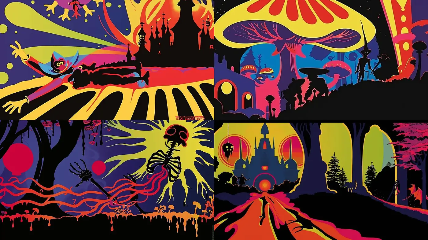 Psychedelic Dreamscape: A Surreal Fusion of Vibrancy and Fantasy - Midjourney sref style