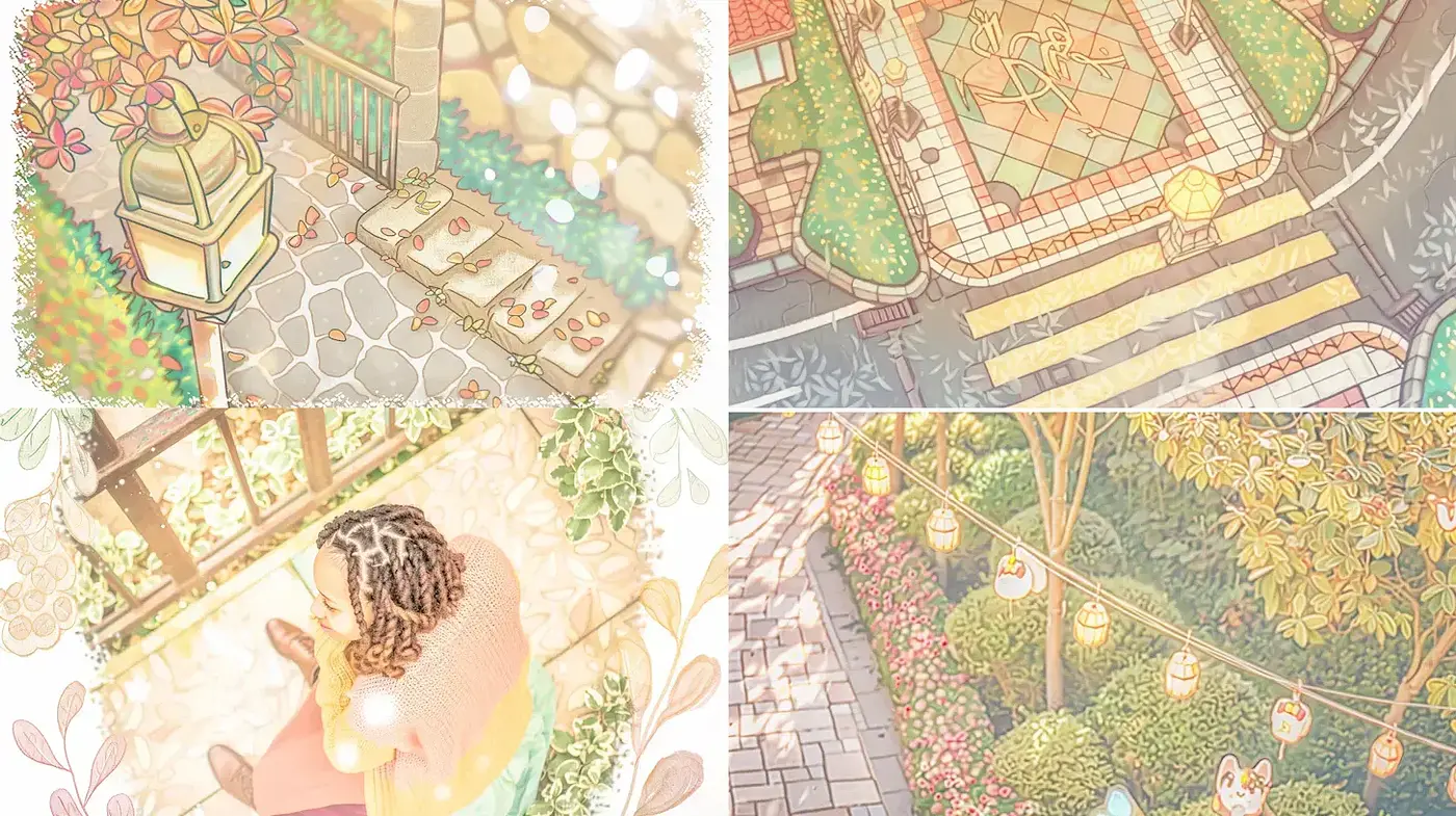 Whimsical and inviting illustrative style with a serene atmosphere - Midjourney sref style